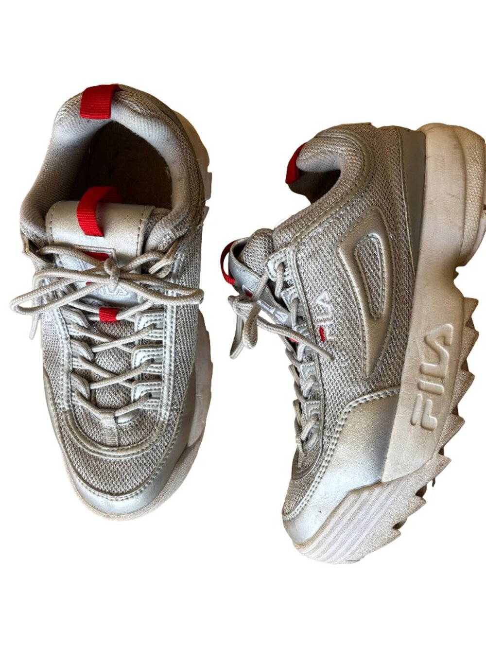 FILa Disruptor Silver Chrome Mesh Sneakers Womens US 7.5 Red Accent Shoe